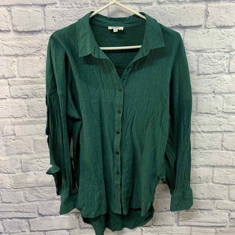 Umgee Shirt Womens Small Green Oversized Tunic Button Down Ruffle Open Sleeve‎